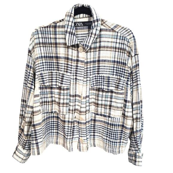 ZARA Plaid Flannel Overshirt Jacket Sz M Cotton Blend Soft Neutral Earth Tones - Picture 2 of 9